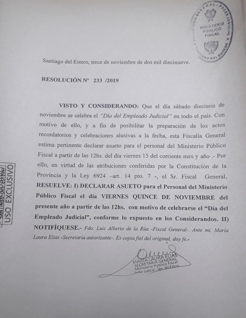 Resolución del Fiscal General: asueto a partir de las 12 horas, el viernes 15 de noviembre